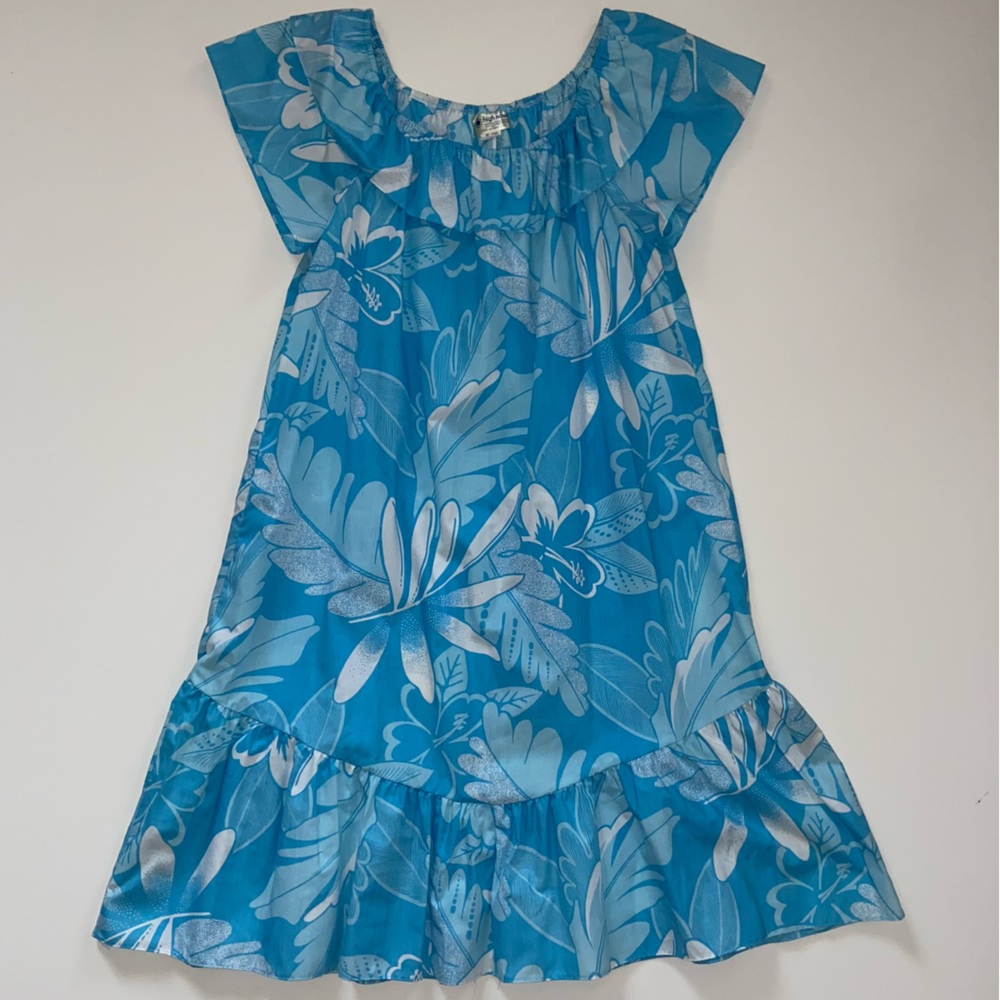 Vintage Hawaiian Dress Large Blue White Floral High Noon Ruffle Neckline & Hem